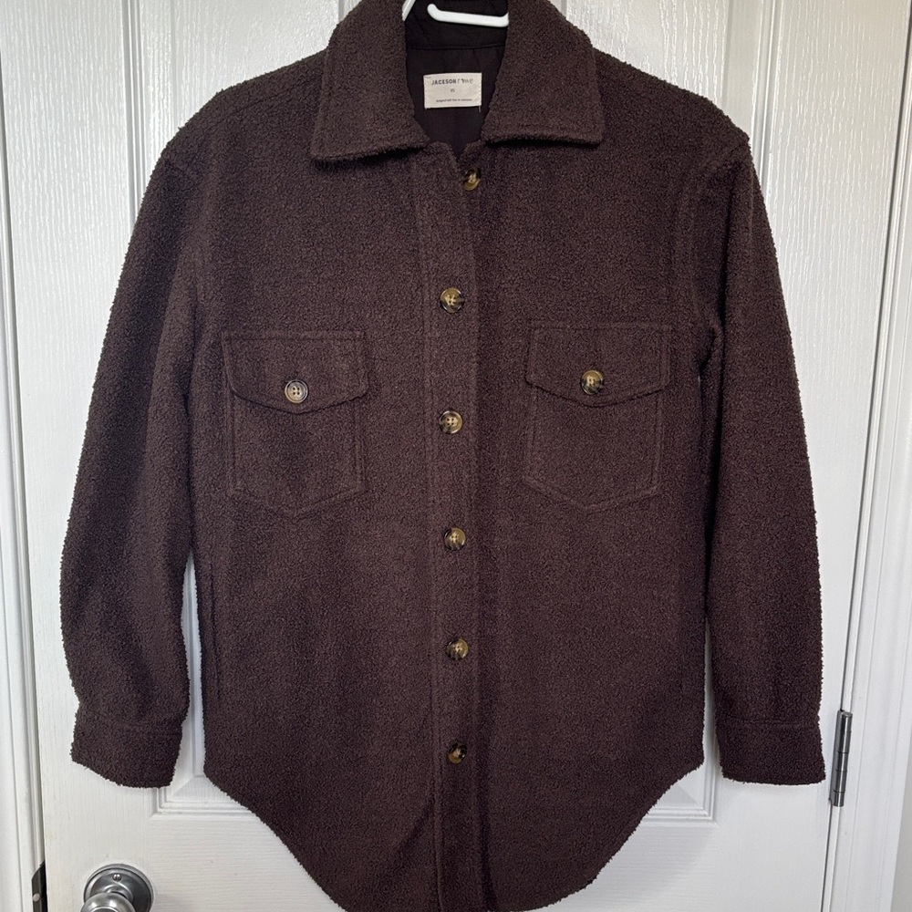 Cozy Jackson Rowe Dark Brown Sherpa Button-Up Shacket
